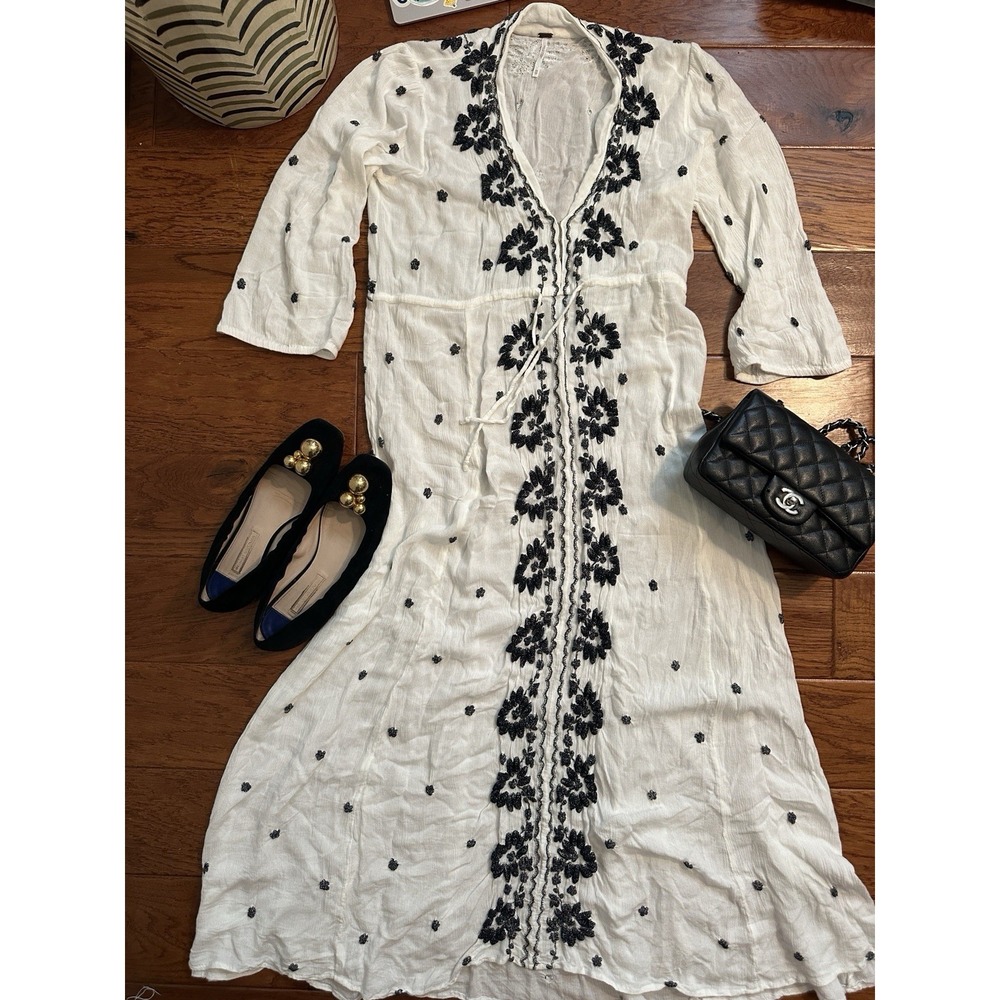 Free People Fable White Floral Embroidered V-Neck Tie Waist Midi Dress XS Boho